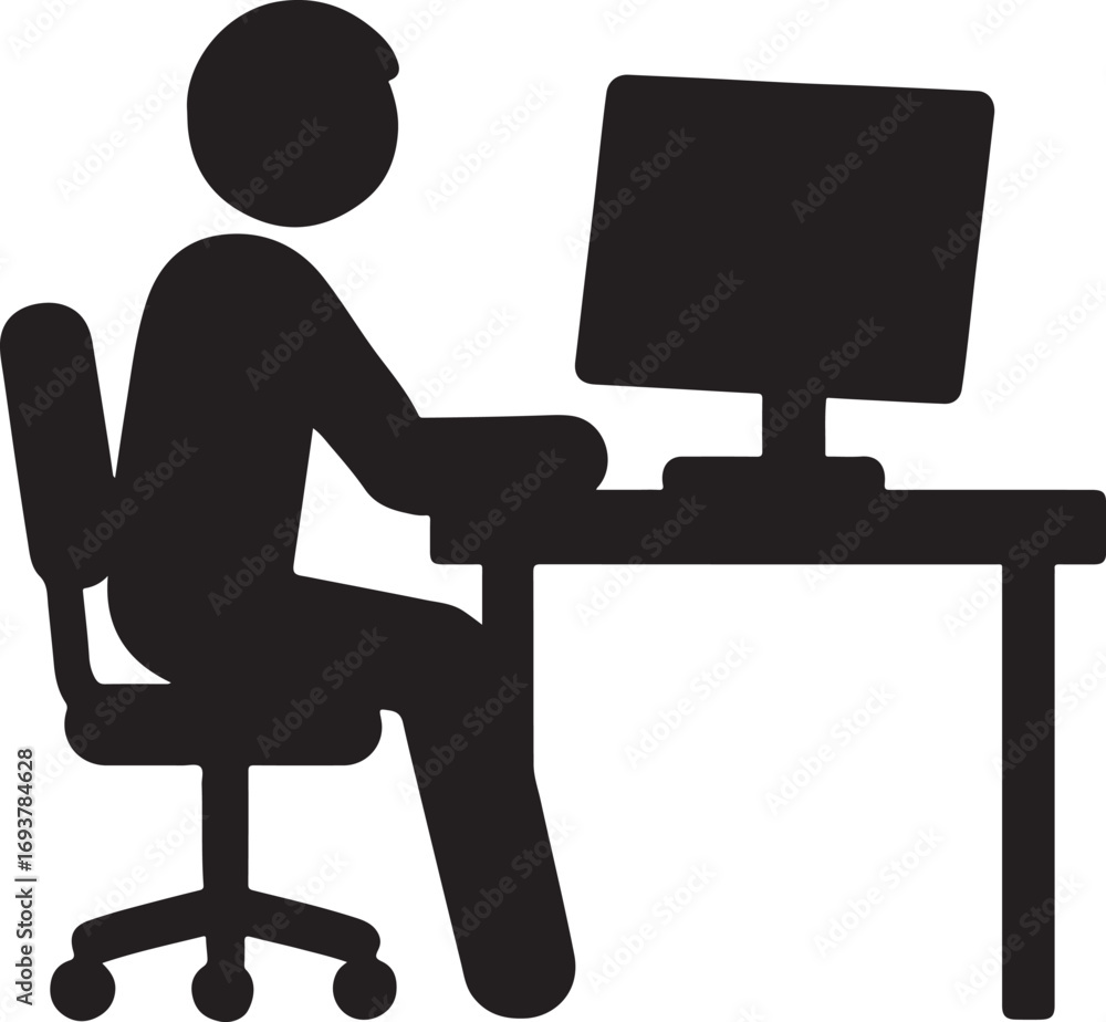 Fototapeta premium Office desk with computer silhouette, workspace icon, modern office vector, minimal flat design