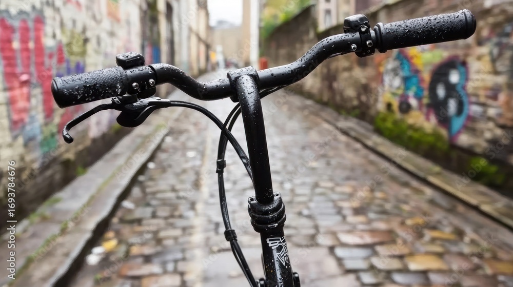 Fototapeta premium A wet bicycle awaits its rider along a narrow alleyway paved with cobblestone bricks