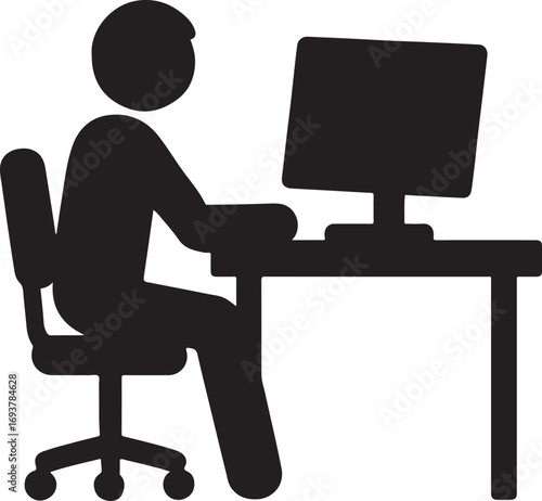 Office desk with computer silhouette, workspace icon, modern office vector, minimal flat design