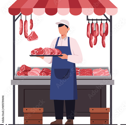 Butcher displaying fresh cuts of meat at market stall.
