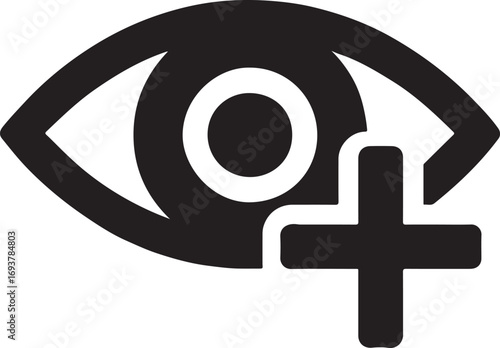 Eye with plus sign silhouette, zoom in icon, focus vector, minimal flat design