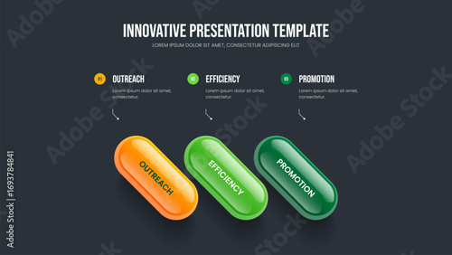 Service Portfolio Three Element Infographic Slide Layout. Marketing Visualization Presentation Design Vector Illustration. Advertising Forecast 3 Step Diagram Frame Template.