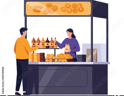 Customer buying baked goods and drinks from a market stall.