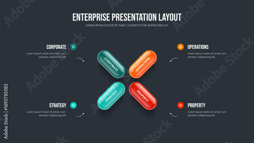 Enterprise Forecast Four Option Diagram Slide Template. Consulting Briefing Slideshow Design Vector Illustration. Digital Growth 4 Step Infographic Frame Layout.