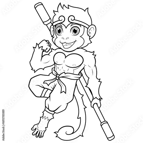 Monkey King Poses with Staff Line Art