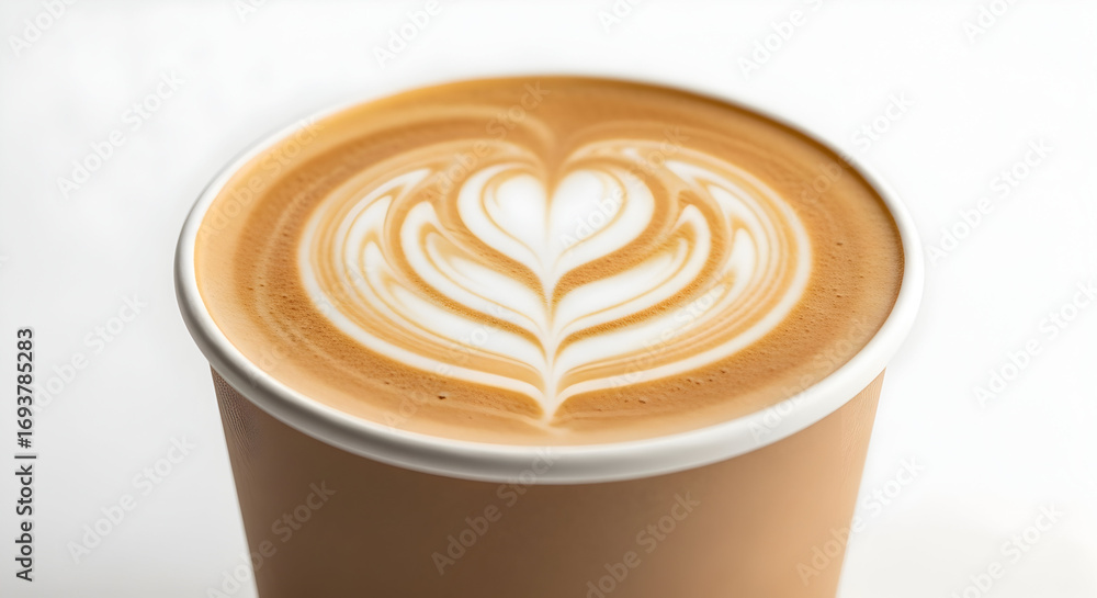 Close-up of Beautiful Heart Latte Art in a Disposable Brown Paper Coffee Cup on a White Background. Close-up of Beautiful Heart Latte Art in a Disposable Brown Paper Coffee Cup on a White Background.