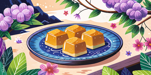Japanese warabi mochi dessert vector, jelly like sweet with kinako soybean powder, refreshing summer delicacy, cultural Asian treat cartoon