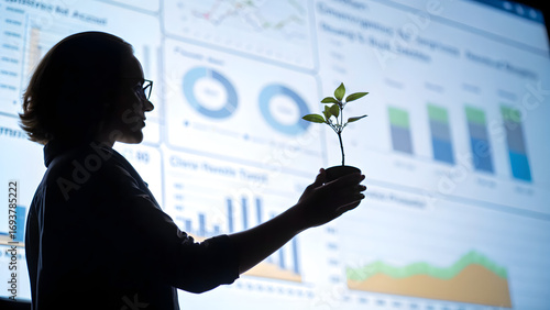 Micro ESG Reporting SMEs Silhouette of a person holding a plant in front of digital graphs and data charts on a screen.