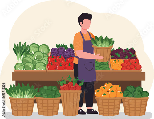 Grocer holding basket of fresh produce at market stall.
