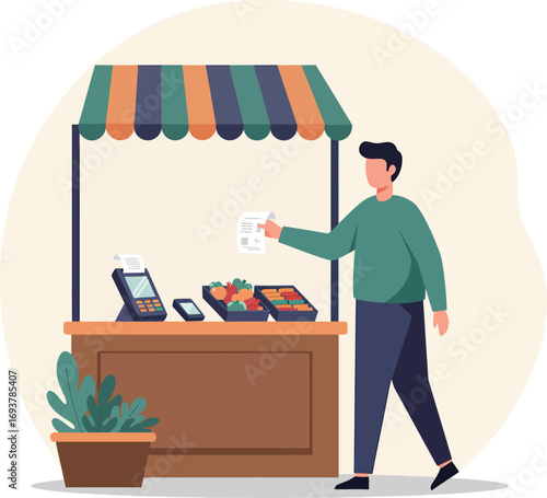 Man at a market stall with produce and payment terminal.