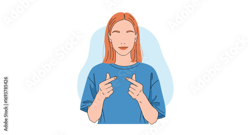 A young woman with red hair makes a heart shape with her fingers in a casual blue t-shirt
