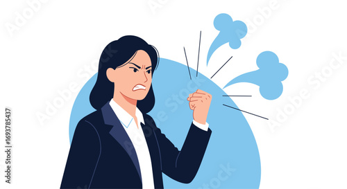 Furious business woman expresses extreme anger frustration and disappointment with clenched fist and steaming head