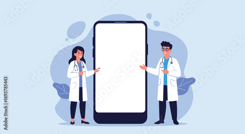 Doctors presenting health information on a large smartphone screen with a blurry blue background