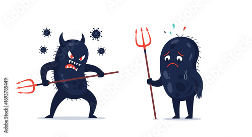 Tiny evil monsters battling cute sad microbe creatures fighting germs tiny microorganisms representing illness and health