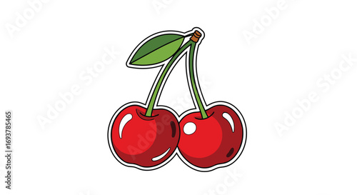 A whimsical illustration of two juicy red cherries hanging together on a stem with a green leaf
