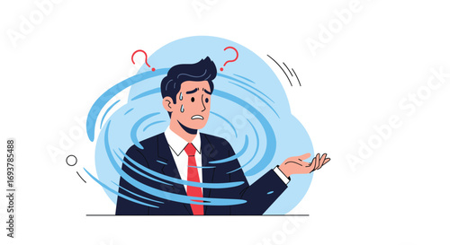 Confused businessman feeling overwhelmed by chaotic thoughts and uncertainty illustration