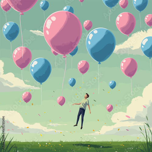 Man floating among pink and blue balloons in a dreamlike sky.