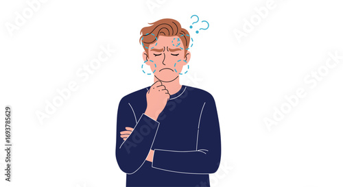 Man with furrowed brow and hand on chin contemplating a difficult problem or decision with a questioning look