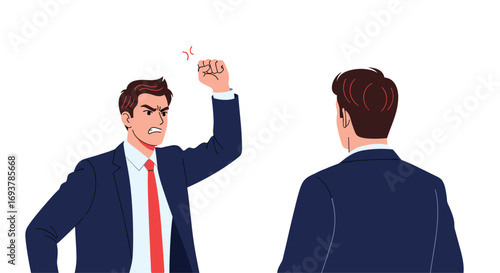 Two angry businessmen in suits arguing intensely with fists raised in frustration and disagreement