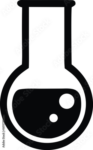 Simple icon of a laboratory flask with liquid and bubbles signifying chemistry science research experiments and analysis