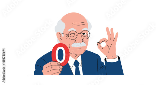 Elderly gentleman with glasses holds up red circle with blue o demonstrating approval with his hand