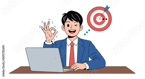 Young businessman achieving goals successfully with laptop showing ok gesture and target symbol