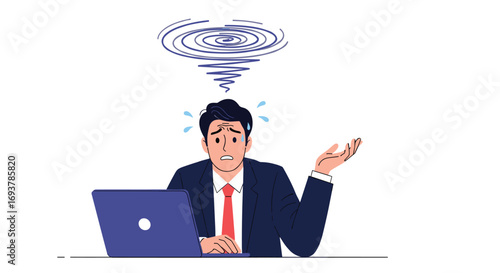 Overwhelmed businessman experiencing mental exhaustion and confusion while working on his laptop computer in an office setting