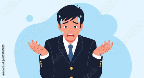 Confused businessman with raised hands and worried expression sweating in a suit and tie vector illustration