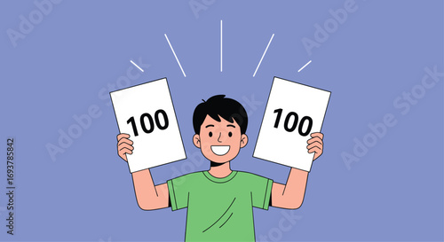 Young boy triumphantly displays two perfect scores of one hundred on white papers illustration