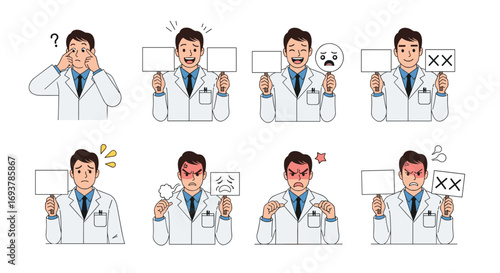 Doctor expressing various emotions and reactions with hands in a clear illustration