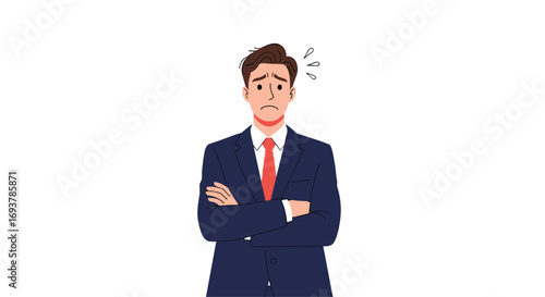 A confused businessman with arms crossed and anxious expression in a suit