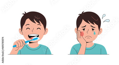 A happy boy brushing his teeth contrasted with a sad boy experiencing toothache