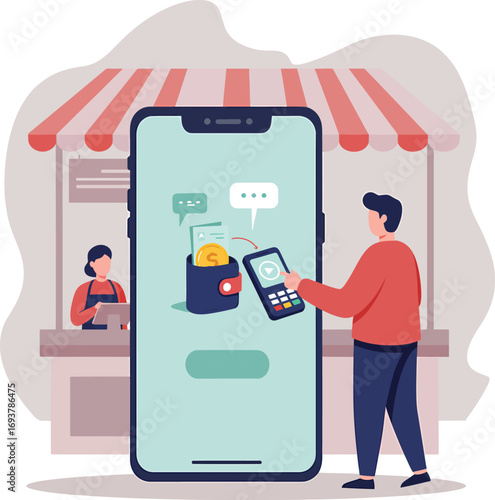 Man using smartphone for contactless payment at a market stall.