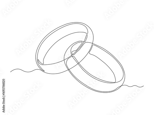 Abstract two wedding engagement rings, continuous single one line art drawing sketch, logo