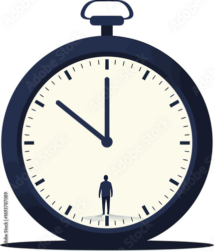 Silhouette of a person standing on a large pocket watch face.