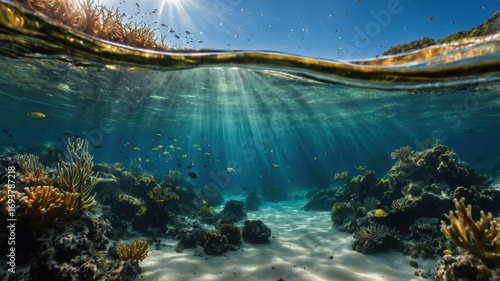 Underwater scene showcasing vibrant coral reefs and schools of fish illuminated by sunlight