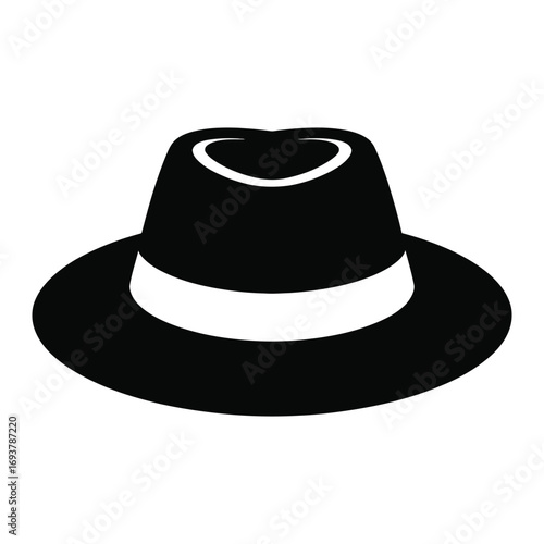 Elegant Black Fedora Hat Illustration with White Band and Classic Design for Fashion and Style Representation isolated on a White Background