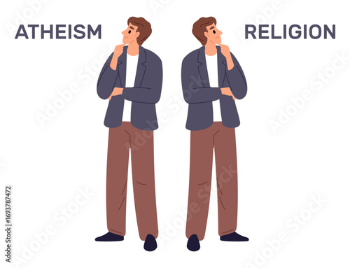 Young man stands pensively looking at words atheism and religion. God faith. Thoughtful guy making choice about belief. Decide dilemma. Alternative spiritual choose. Vector concept