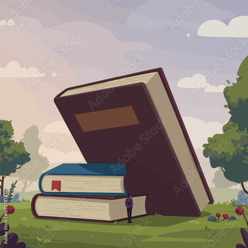 A person stands before a stack of giant books in a whimsical landscape.