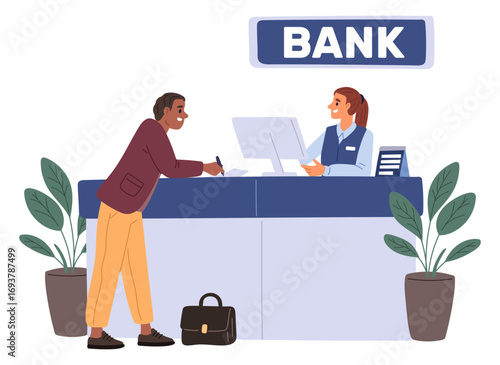 Young businessman communicates with bank clerk. Man using banking services. Financial consulting. Finance office. Reception desk. Receptionist counter. Money operator. Vector concept