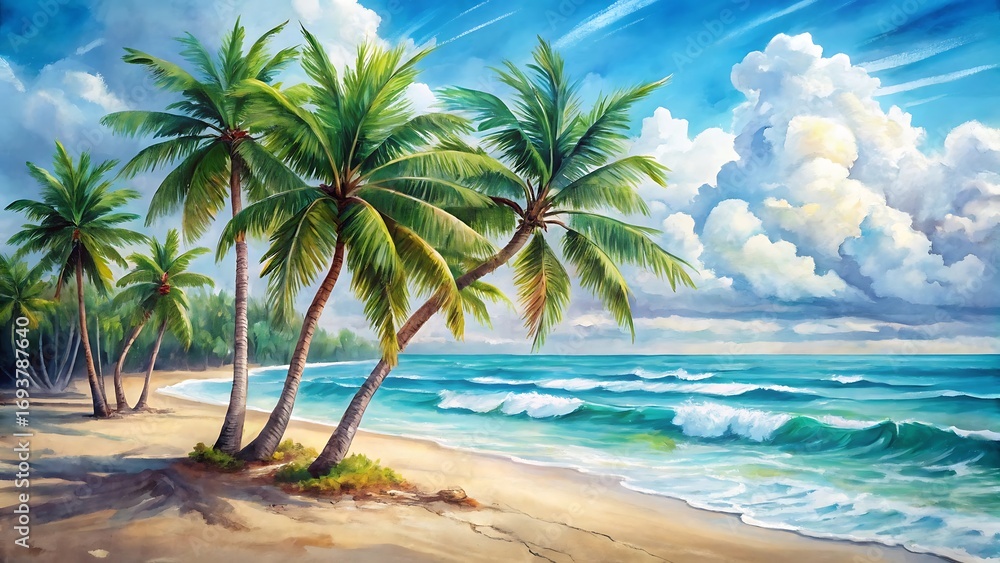 Obraz premium Tropical beach paradise with palm trees and turquoise water under blue sky