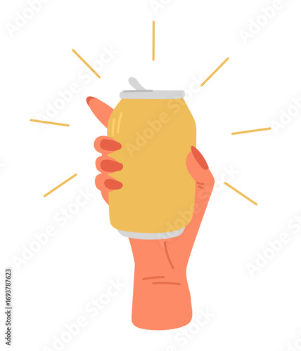 Womans hand holding metal can with drink. Girl drinking alcohol beer or carbonated beverage. Female in bar. Raised arm with soda tin. Celebrating cheers. Boozer gesture. Vector concept