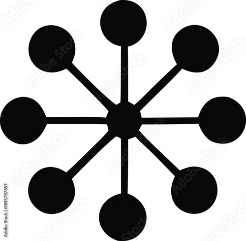 Abstract radial starburst pattern with central hub and eight outer circular elements connected by lines representing connection or network