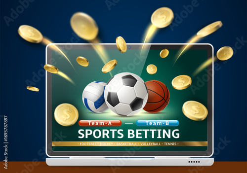 Realistic laptop mockup with flying gold coins. Soccer tournament betting. Volleyball and basketball winner. Sport bets. Bookmaker online service. Money win. Vector computer on table