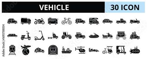30 Vehicle Glyph Icons Vector - Scooter, Tractor, Taxi, Subway, Sedan, Pickup truck, Pedicab, Submarine