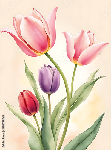 Delicate watercolor painting of a bouquet of pink purple and red tulips with green leaves on a soft background