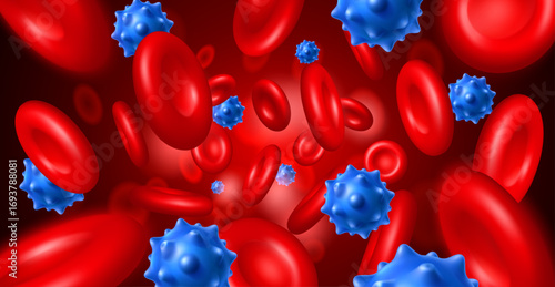 Realistic human blood bodies along with germs. Viruses or microorganisms move through circulatory system. Erythrocyte red molecules. Microscopic particles stream. Vector background