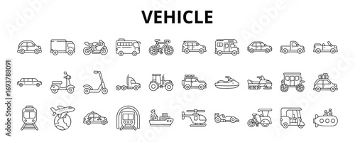 30 Vehicle Line Icons Vector - Scooter, Tractor, Taxi, Subway, Sedan, Pickup truck, Pedicab, Submarine