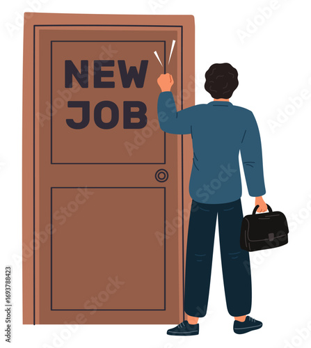 Man knocks on door labeled new job. Place of employment. Interview with candidates. Worker recruitment. Hiring challenge. Young recruit standing back at closed doorway. Vector concept