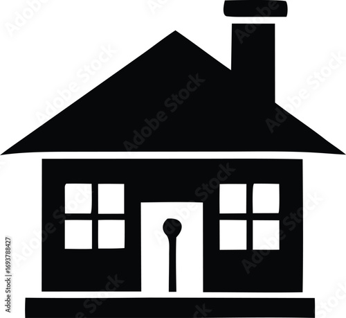 Simple black house icon with chimney and windows representing home real estate property and dwelling